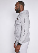 Load image into Gallery viewer,  Grey Hooded Sweatshirt Black Logo 
