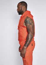 Load image into Gallery viewer,  Orange Sleeveless Sweatshirt Black Logo Distressed
